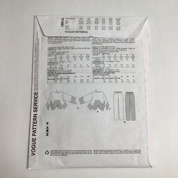 Vogue Zandra Rhodes Designer Sewing Pattern 1491 Tunic Pants Xsm-Med 4-14 FF UC - Picture 3 of 4